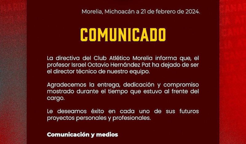 Comunicado, Atlético Morelia