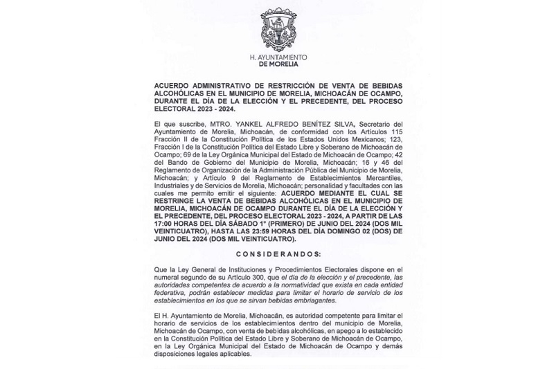 Ayuntamiento de Morelia, alcohol, jornada electoral