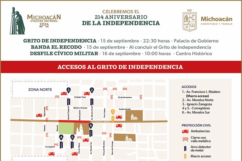 Centro Histórico de Morelia, Fiestas patrias, Accesos