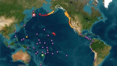 Mapa de alerta de tsunami en el Océano Pacífico