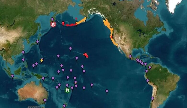 Mapa de alerta de tsunami en el Océano Pacífico