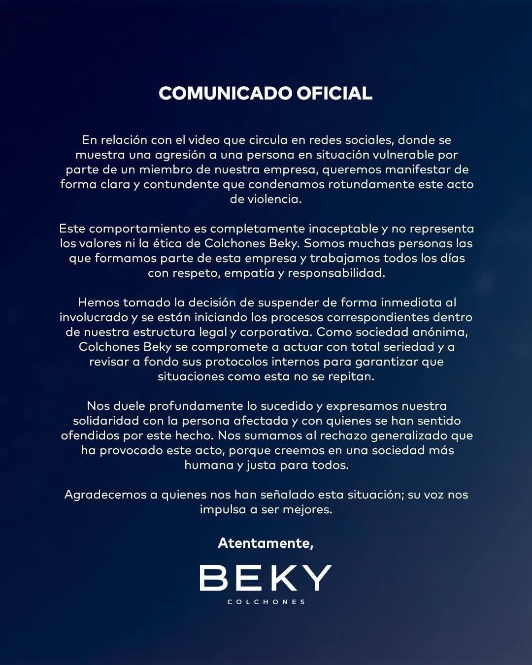 Comunicado de Colchones Beky