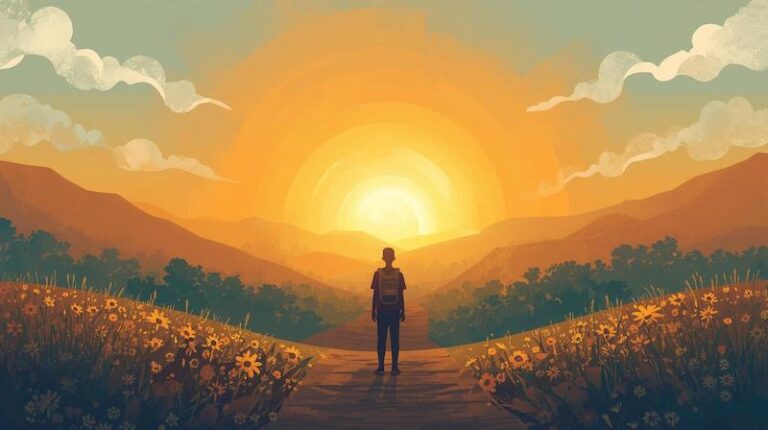 Joven mochilero mirando al horizonte