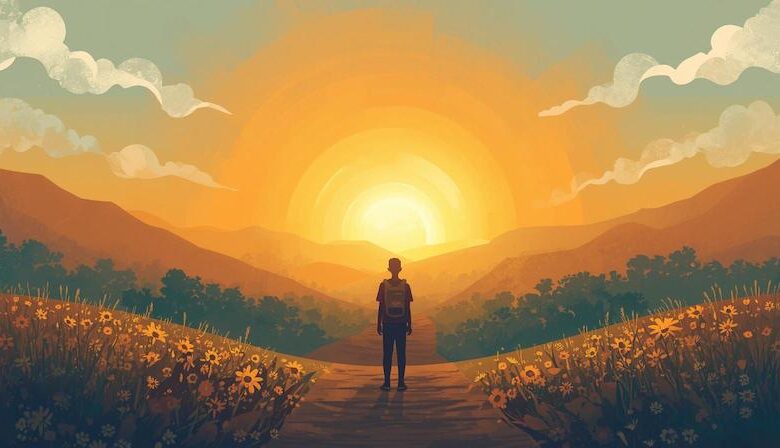 Joven mochilero mirando al horizonte