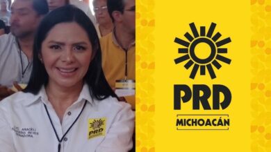 Araceli Saucedo y el logo del PRD Michoacán