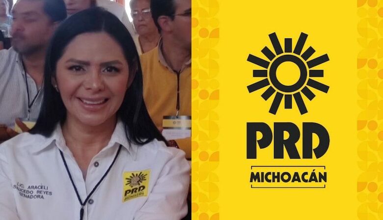 Araceli Saucedo y el logo del PRD Michoacán