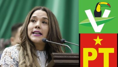 Xóchitl Ruiz y logos del PVEM y del PT