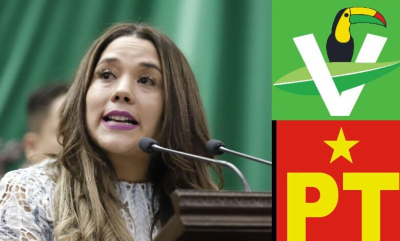 Xóchitl Ruiz y logos del PVEM y del PT